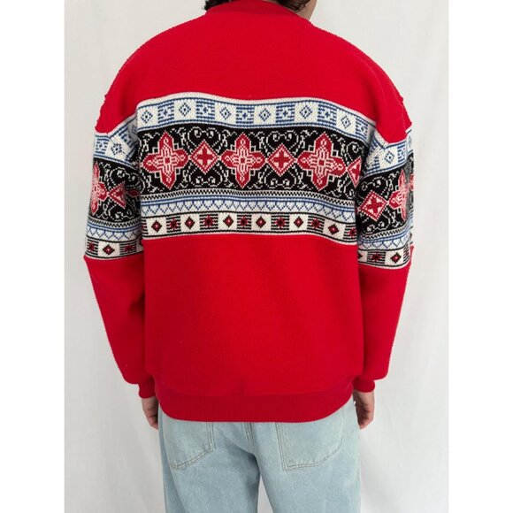 90s vintage red nordic aztec print unisex mens cozy fleece knit pullover sweater - Picture 5 of 10